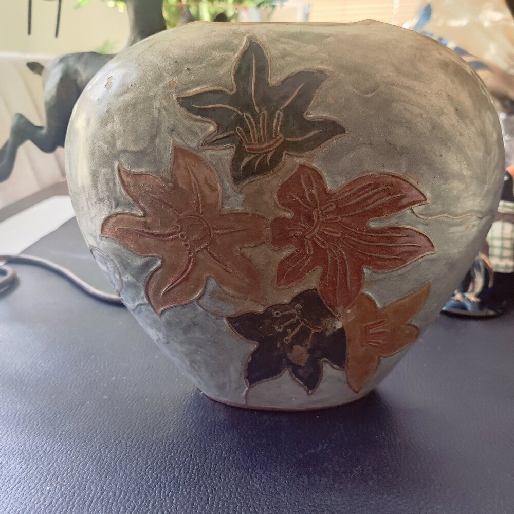 Vase designed of enamel over solid Brass. Fall leaves design both sides.Oblong